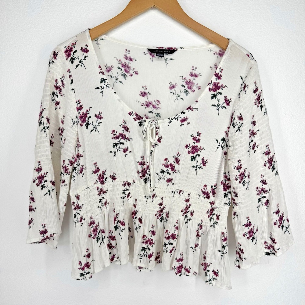 American Eagle Milkmaid Shirt Womens M Floral Smocked Peplum Tie Boho Babydoll